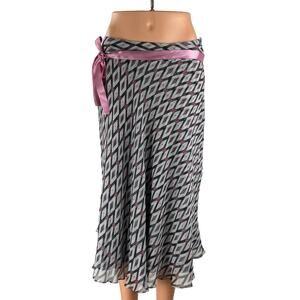 Jones New York Multicolor Satin Bow Tie Belt Geometric Flare Midi Skirt Size 28